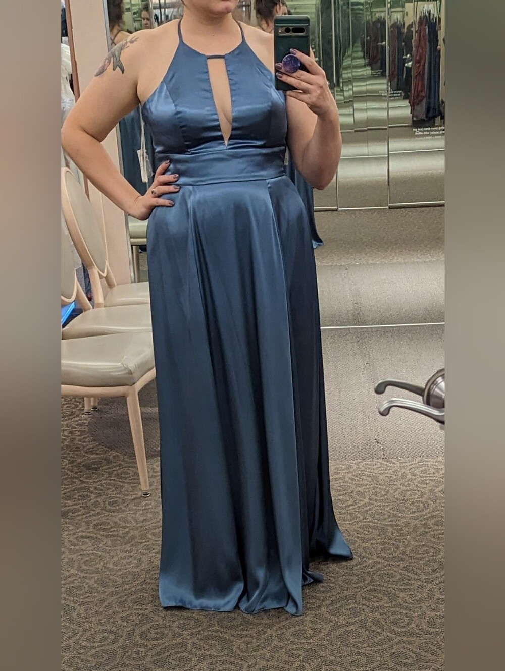 Elegant Infantry Blue Halter Satin Evening  Davids Bridal Keyhole Dress
